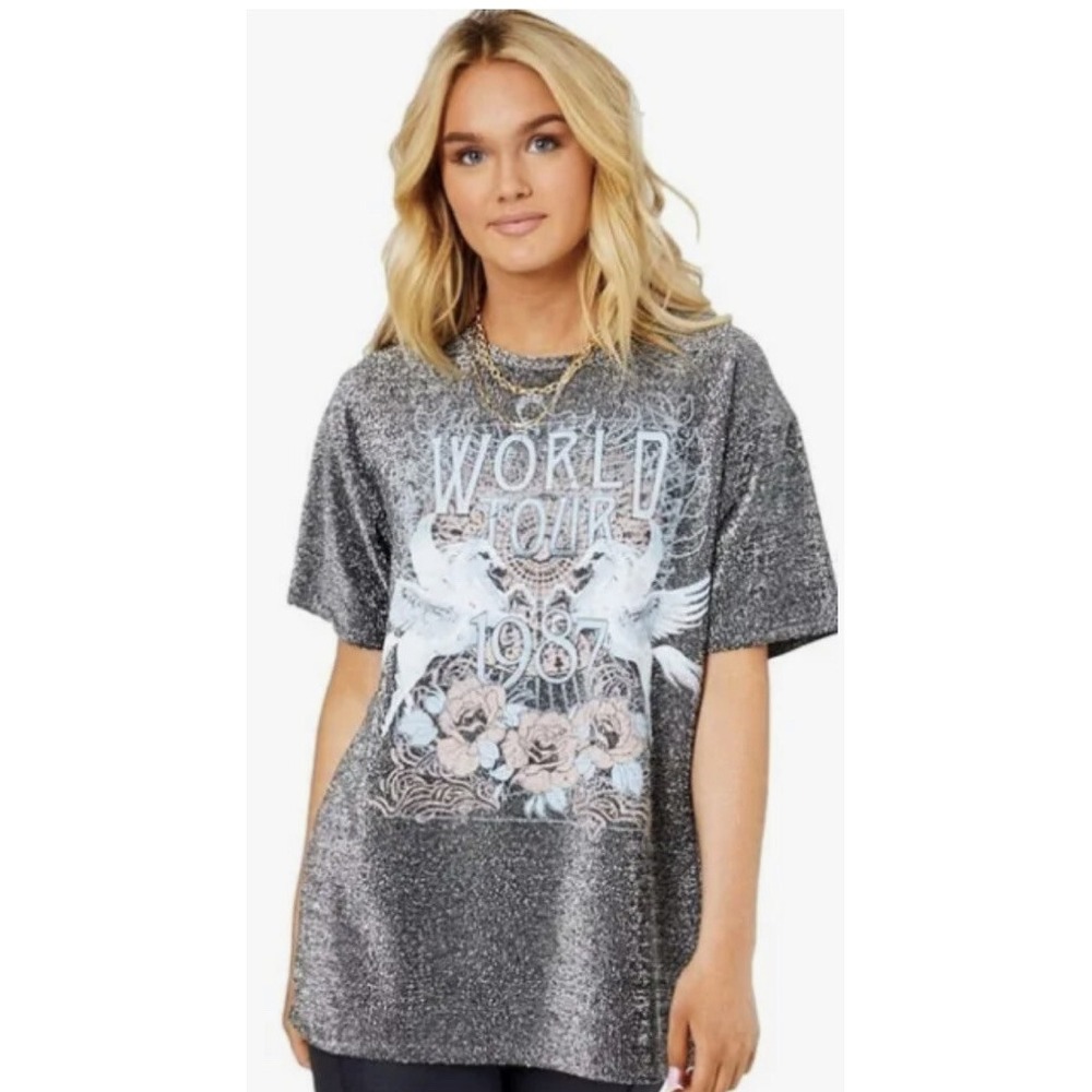 Altar'd State World Tour 1987 Oversized Glitter Graphic Tee Black Silver XS NEW